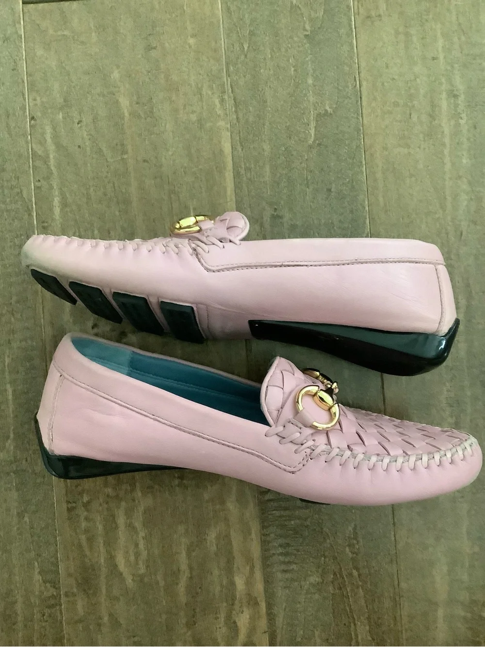 Women's Pink Woven Leather Loafers with Gold Bit Accent